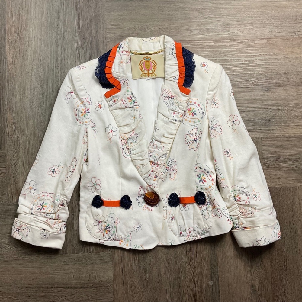 Vintage Paola Poggi Blazer Womens IT40 US 4 White Lace Floral Embroidered Linen